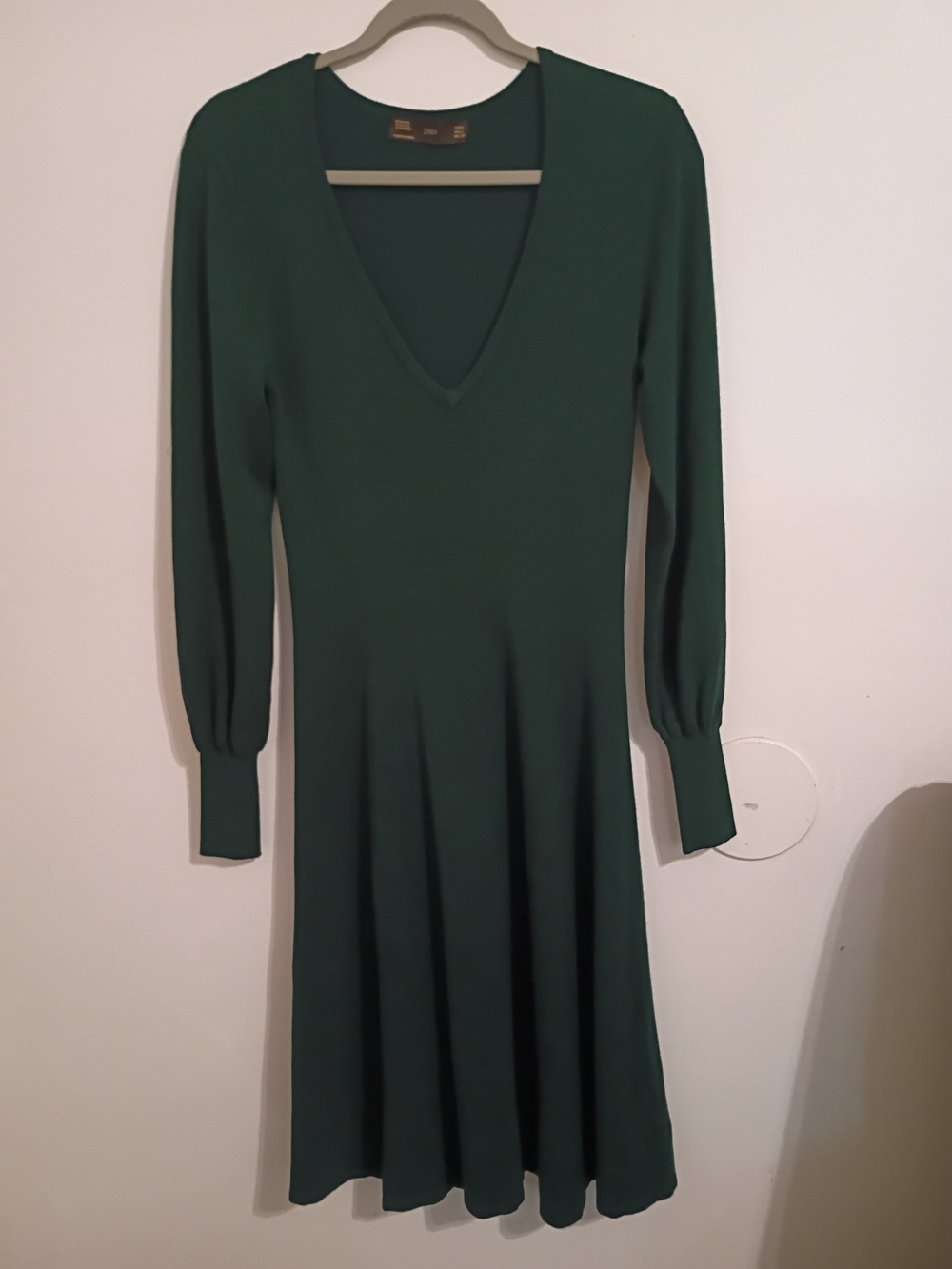 Zara V-Neck Long Sleeve A-Line Dress in Deep Green Sz L